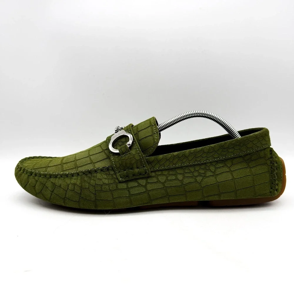 Jimmy Choo Croc Embossed Suede Driving Loafers Green Silver Hardware Size 46